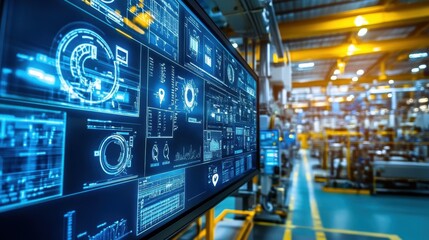 Large digital screen displaying charts, graphs, and kpis for manufacturing processes, offering engineers and managers real time insights into production efficiency and quality control