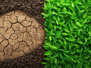 A contrasting image showing dry, cracked soil on one side and vibrant green leaves on the other, symbolizing the difference between drought and healthy vegetation.