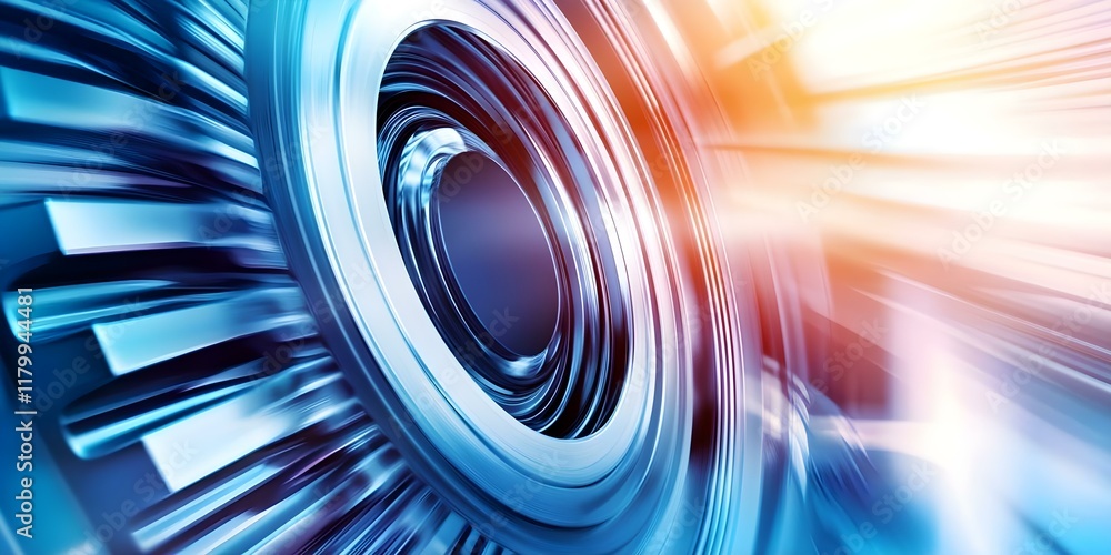 Poster a close-up view of a circular mechanical component, likely a turbine or gear, featuring a shiny meta