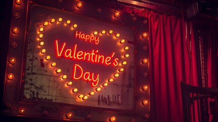 A classic marquee sign with "Happy Valentine's Day" spelled out in glowing lightbulbs, set against a retro theater backdrop