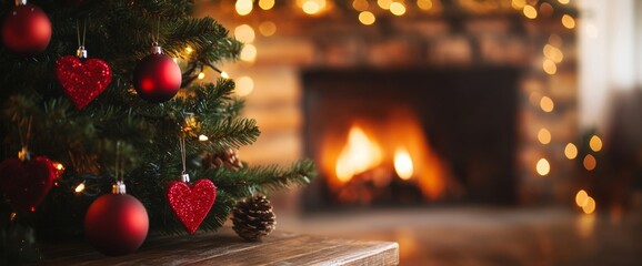 Cozy Christmas Tree with Red Ornaments near a Warm Fireplace