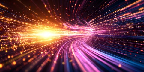 Fototapeta premium Abstract digital scene depicting vibrant light trails in orange, pink, and blue, creating a sense of motion and energy. Concept Vibrant Light Trails, Abstract Digital Art, Motion and Energy