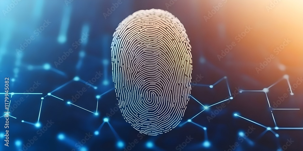 Poster a digital representation of a fingerprint against a backdrop of connected lines and nodes, symbolizi