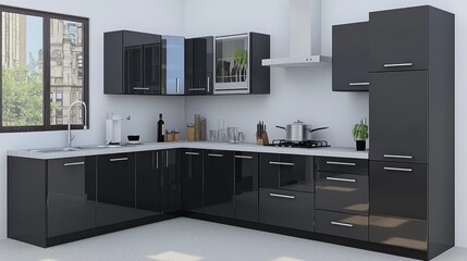 Modern kitchen design featuring sleek black cabinets and appliances.
