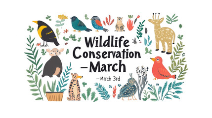 Flat Vector Text Design with Celebrate Wildlife Conservation March 3rd, World Wildlife Day, transparent background, isolated on white, PNG file