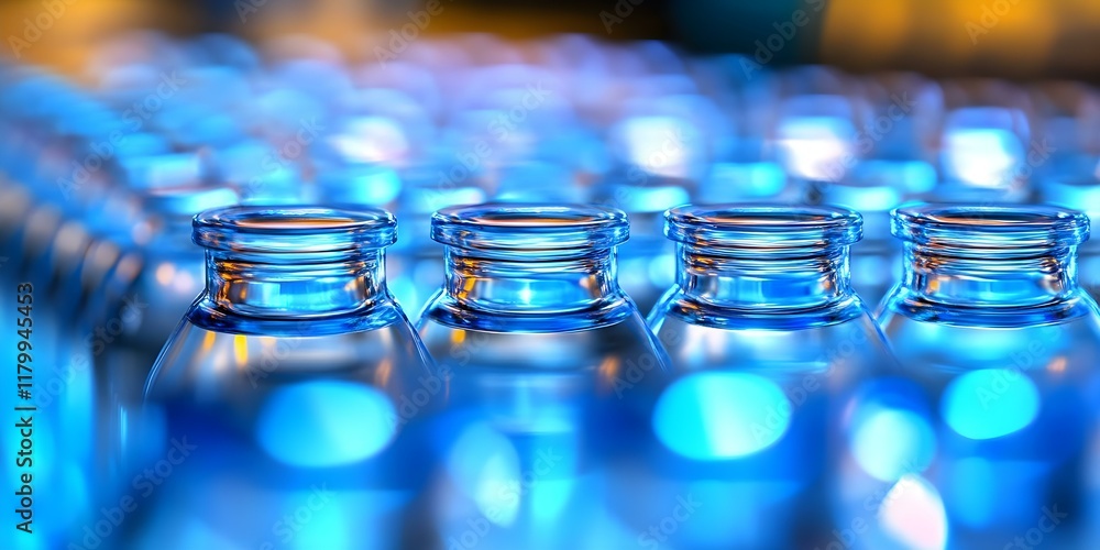 Poster a close-up view of glass bottles lined up in a row, illuminated with blue lighting, creating a vibra