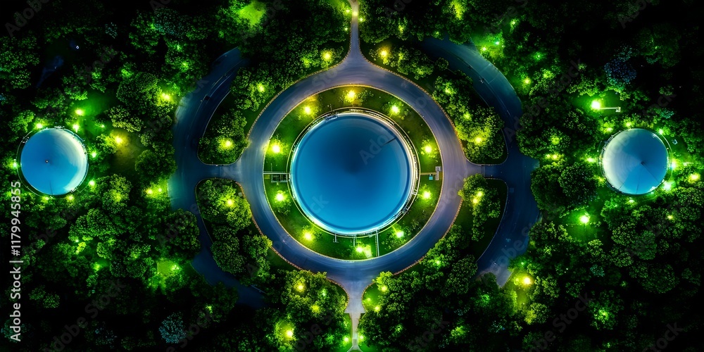 Poster aerial view of circular structures surrounded by trees, illuminated with green and yellow lights at 