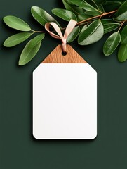 A blank tag with a wooden top and a pink ribbon, surrounded by green leaves on a dark background.