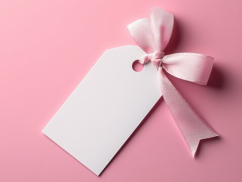 A blank white tag with a pink ribbon on a soft pink background, perfect for labeling gifts or products.