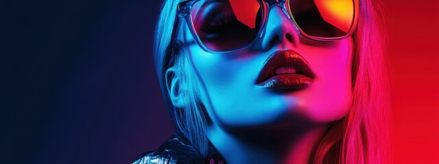 Cyberpunk portrait, female model, red and blue neon lighting, vibrant colors, futuristic sunglasses, reflective lenses, dramatic shadows, high contrast, intense gaze, dark hair, bold red lipstick, clo