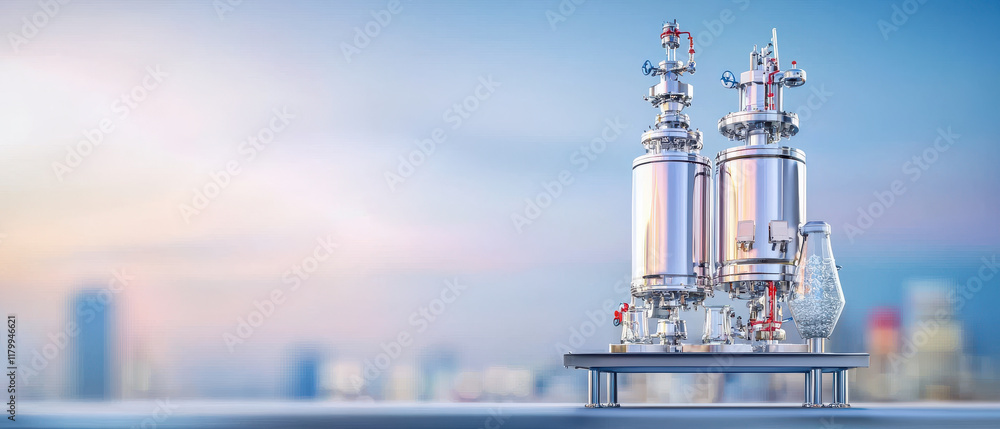 Poster automated hydrocracking reactors in operation with city backdrop