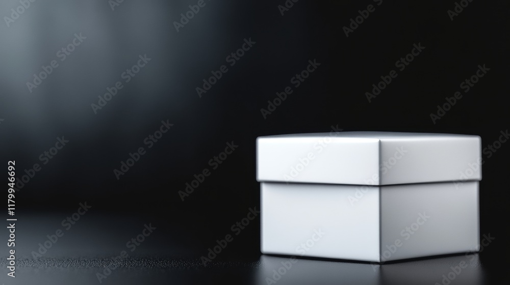 Poster minimalist white cube on sleek black table creating a striking contrast that evokes modern elegance 