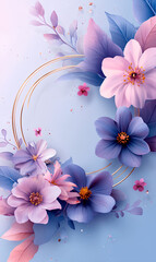 Elegant arrangement of pastel-colored flowers and leaves encircles golden rings, creating a delicate and dreamy floral frame on a soft blue backdrop