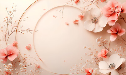 Soft pink and white flowers and golden circles create a delicate and elegant frame on a pastel background, offering a serene and stylish backdrop