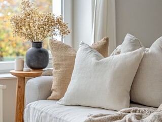 Cozy living room with decorative pillows and natural light streaming in