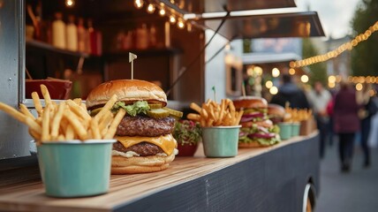 Fototapeta premium A vibrant food truck scene showcasing gourmet burgers and crispy fries, perfect for outdoor dining and culinary delight.