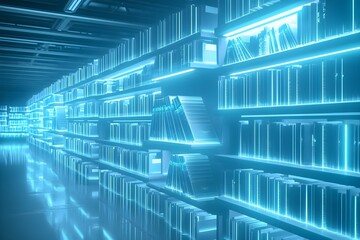 Futuristic Library, Rows of floating, holographic books