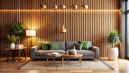 Fototapeta premium Modern Interior Design: Stylish Room with Wooden Lamella Accents