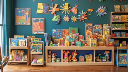 A vibrant kids' corner selling handmade toys and colorful books