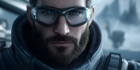 A close-up of a man with glasses and a beard, wearing a high-tech outfit, set in a futuristic environment. Concept Futuristic Fashion, High-Tech Outfits, Close-Up Portraits, Modern Aesthetics