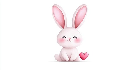 Obraz premium A cute cartoon bunny with pink ears and a happy expression, holding a heart, perfect for children's themes.