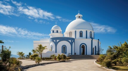 Obraz premium Pampulha Church in Front View with Observatory Dome and Blue Sky. White Architecture Building Resembles Telescope House for Astronomy