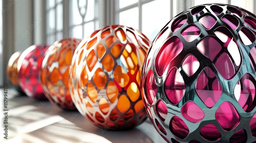 Poster vibrant abstract geometric shapes resembling easter eggs with futuristic design elements displayed i