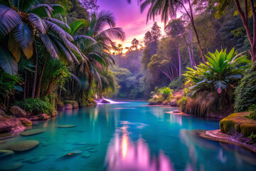 serene tropical oasis with vibrant colors and lush greenery