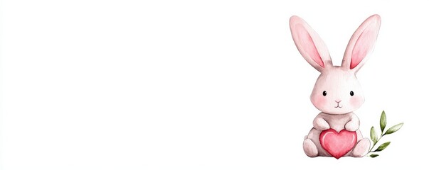 Obraz premium A cute pink bunny holding a heart, symbolizing love and affection in a whimsical, playful style.