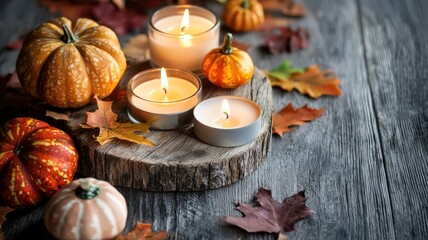 A cozy autumn scene featuring candles, pumpkins, and colorful leaves on a rustic wooden surface, perfect for seasonal decor.