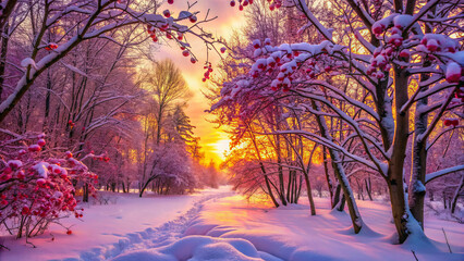 Naklejka premium winter forest scene at dusk, bathed in amber light and snow