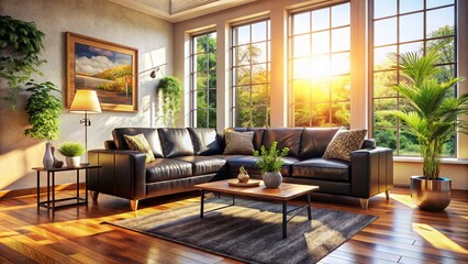 Fototapeta premium Modern Living Room Interior Design: Black Couch, Wood Floors, Natural Light