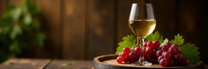 Aged white wine glass on wooden barrel with bunch of grapes surrounding it , liquid, vintage