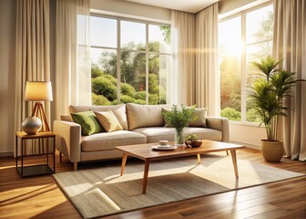 Modern Living Room Sunlight Beige Sofa Coffee Table Interior Design Stock Photo