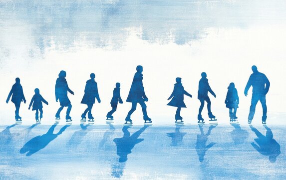 Family skating together on ice, minimalist style, soft blue and white tones 