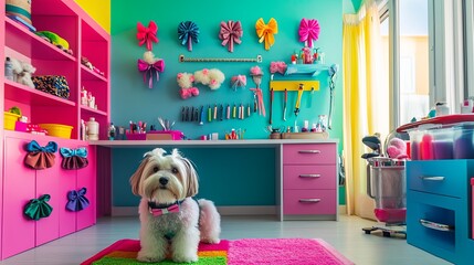 A vibrant pet grooming station with colorful bows, brushes, and a pampered dog