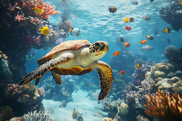 Fototapeta premium A hyper-realistic underwater scene featuring a sea turtle swimming amongst coral reefs, surrounded by colorful tropical fish. 4K. Generative AI