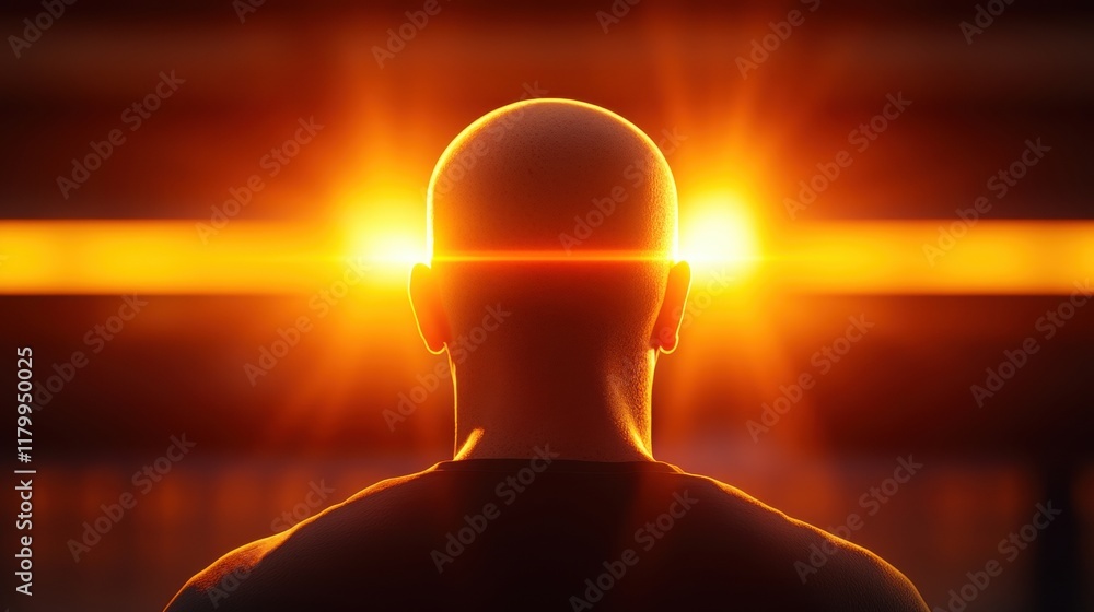 Poster mysterious figure with glowing head surrounded by ethereal light creating an enigmatic and dreamlike