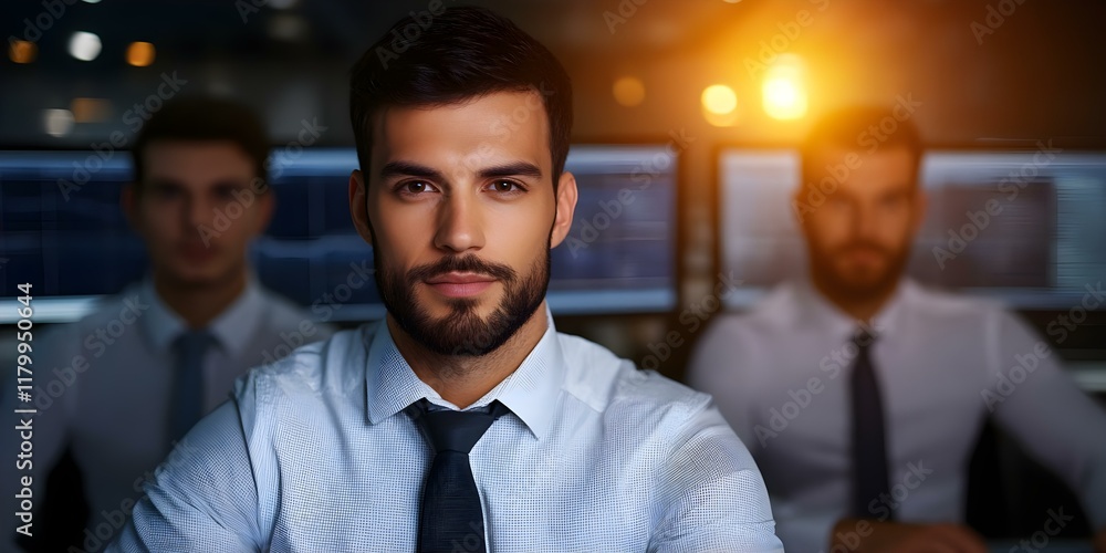 Poster a well-dressed man with a beard is seated in front of computer screens, with two other men blurred i