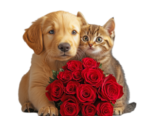 Golden puppy and tabby kitten with red rose bouquet, affectionate theme, love and friendship concept, transparent background