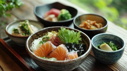 Fototapeta premium An artistic image of being served in a traditional Thai ceramic bowl, with a garnish of fresh herbs and a few side dishes arranged on a wooden table.