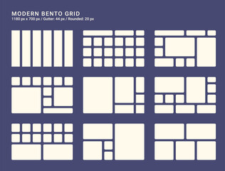 Bento grid for web, presentation. Trendy first screen for website. Graphic dashboard for presentation template. Admin statistical software, web interface vector template. Futuristic Bento style