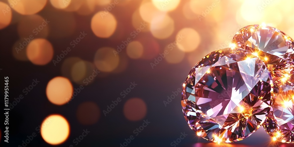 Poster a close-up of a sparkling diamond with a blurred, shimmering background of light bokeh. concept spar