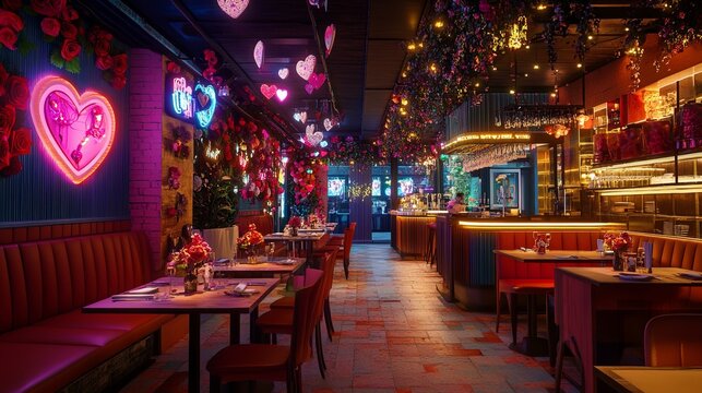 A vibrant restaurant interior decorated with roses, fairy lights, and Valentines specials