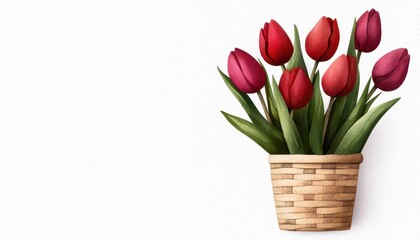 Beautiful red tulips in a woven basket, perfect for brightening any interior space or as a gift.