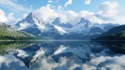 Majestic snow-capped peaks reflected in serene alpine lake, sunny sky