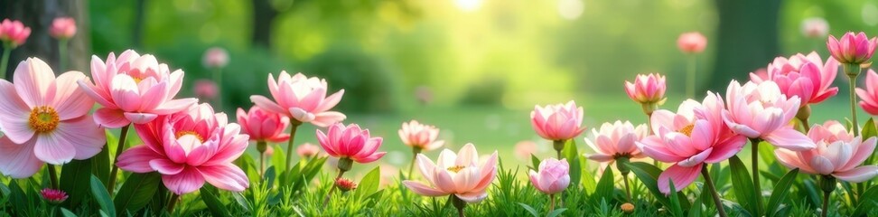 Fototapeta premium Garden Spring Border with Pastel Pink Flowers, floral pattern, greenery