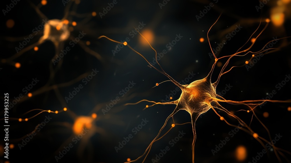 Poster illuminating neural pathways, a closeup view of neurons firing within the nervous system