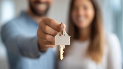 A couple holding a key with a house-shaped keychain, symbolizing homeownership.