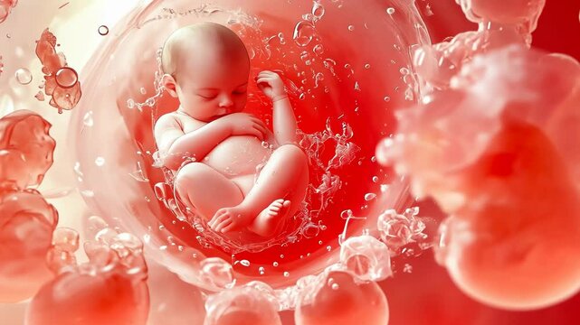 A visual portrayal of a simulated fetus nestled in vivid red, resembling an amniotic sac. This showcase is not specific to any real individual, suggesting a generic human development scene.